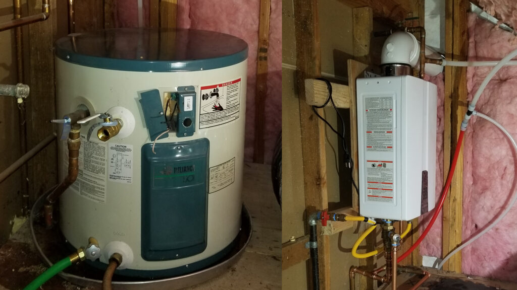 On the Left a Round Water Heater With Pipes and on the Right a Rectangle Water Heater With Pipes.