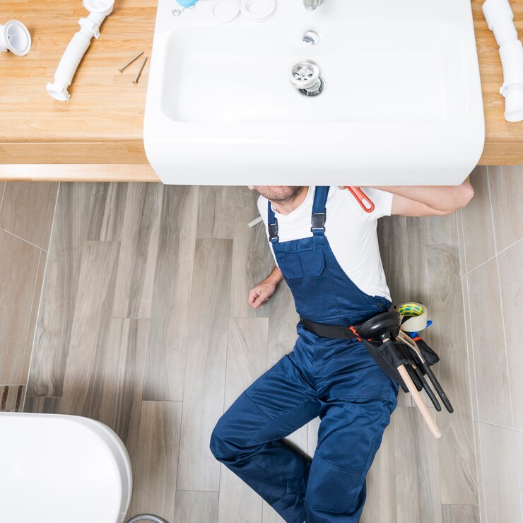 Man wearing blue overalls laying under a white sink
